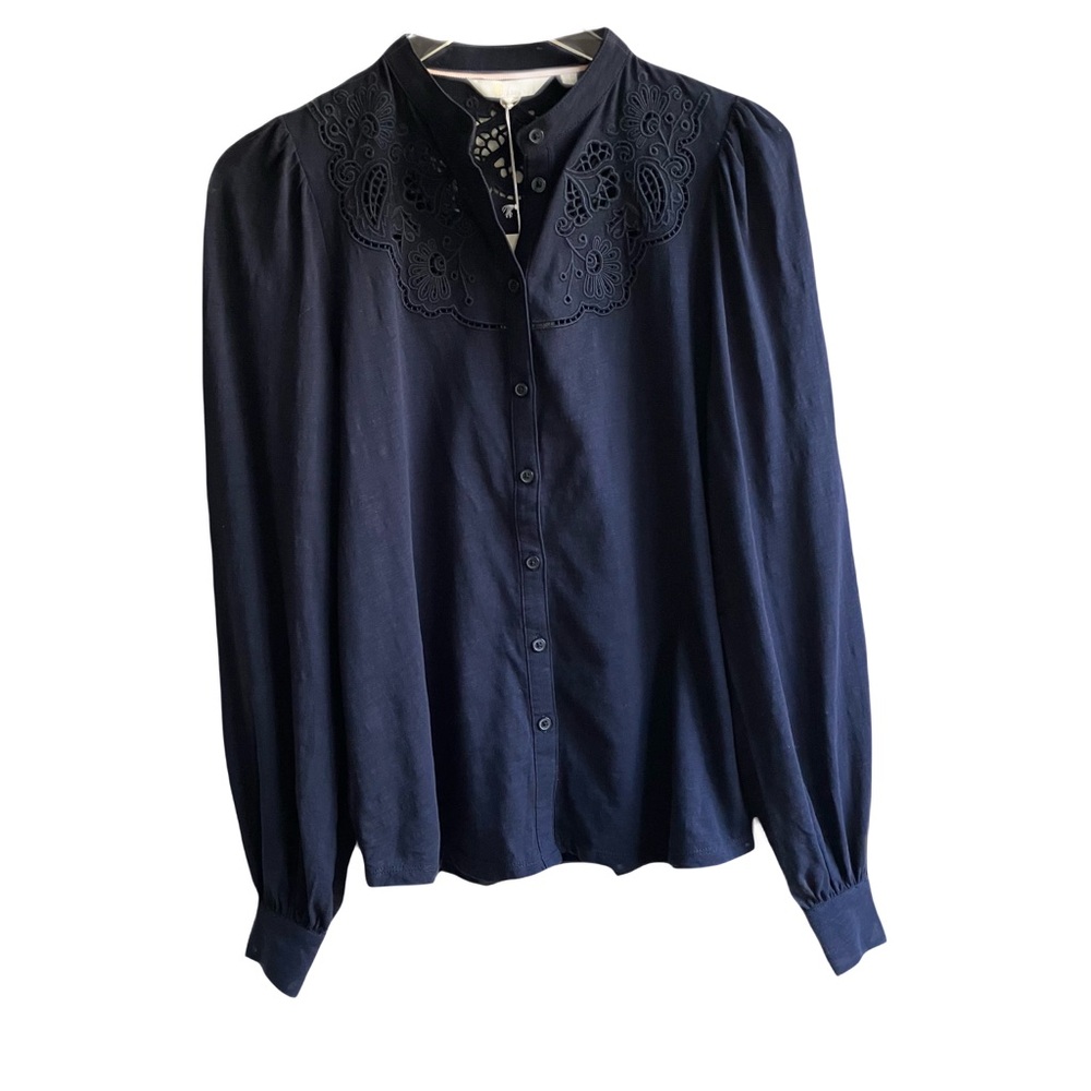 Boden Navy Eyelet Button Down Shirt Size 4 100% Cotton Blouse Long Sleeves NWT